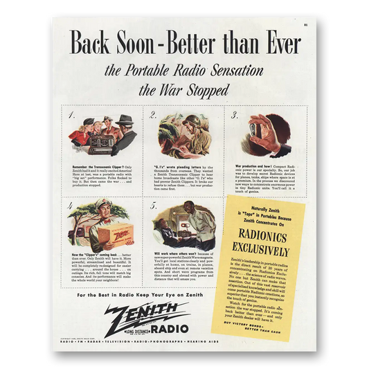 1945 Zenith Radio Back Soon Better Than Ever Vintage Magazine Print Ad