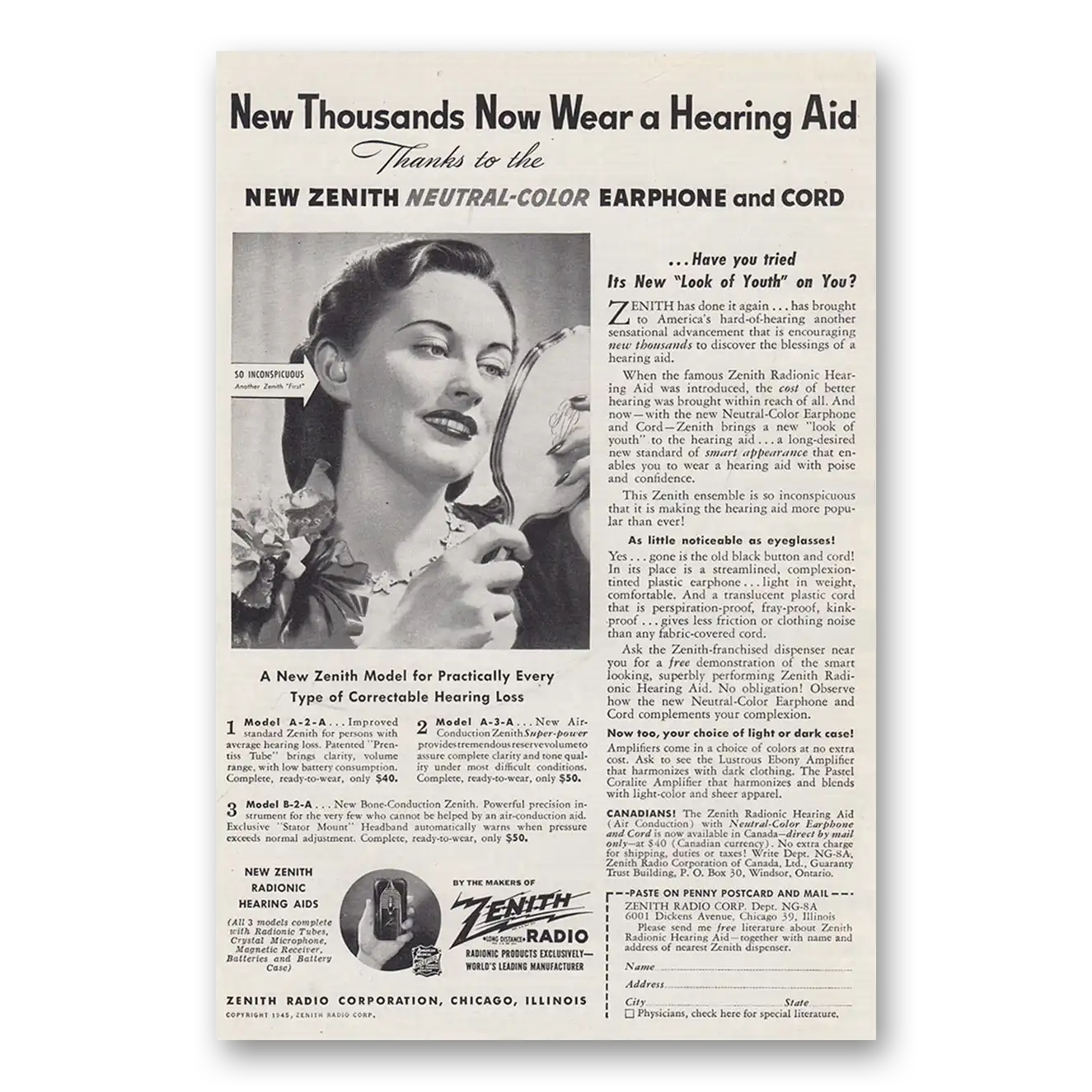 1945 Zenith Hearing Aid Neutral Color Earphone and Cord Vintage Magazine Print Ad