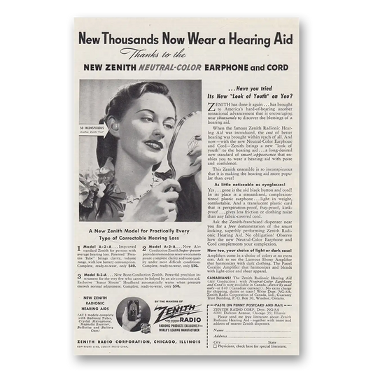 1945 Zenith Hearing Aid Neutral Color Earphone and Cord Vintage Magazine Print Ad