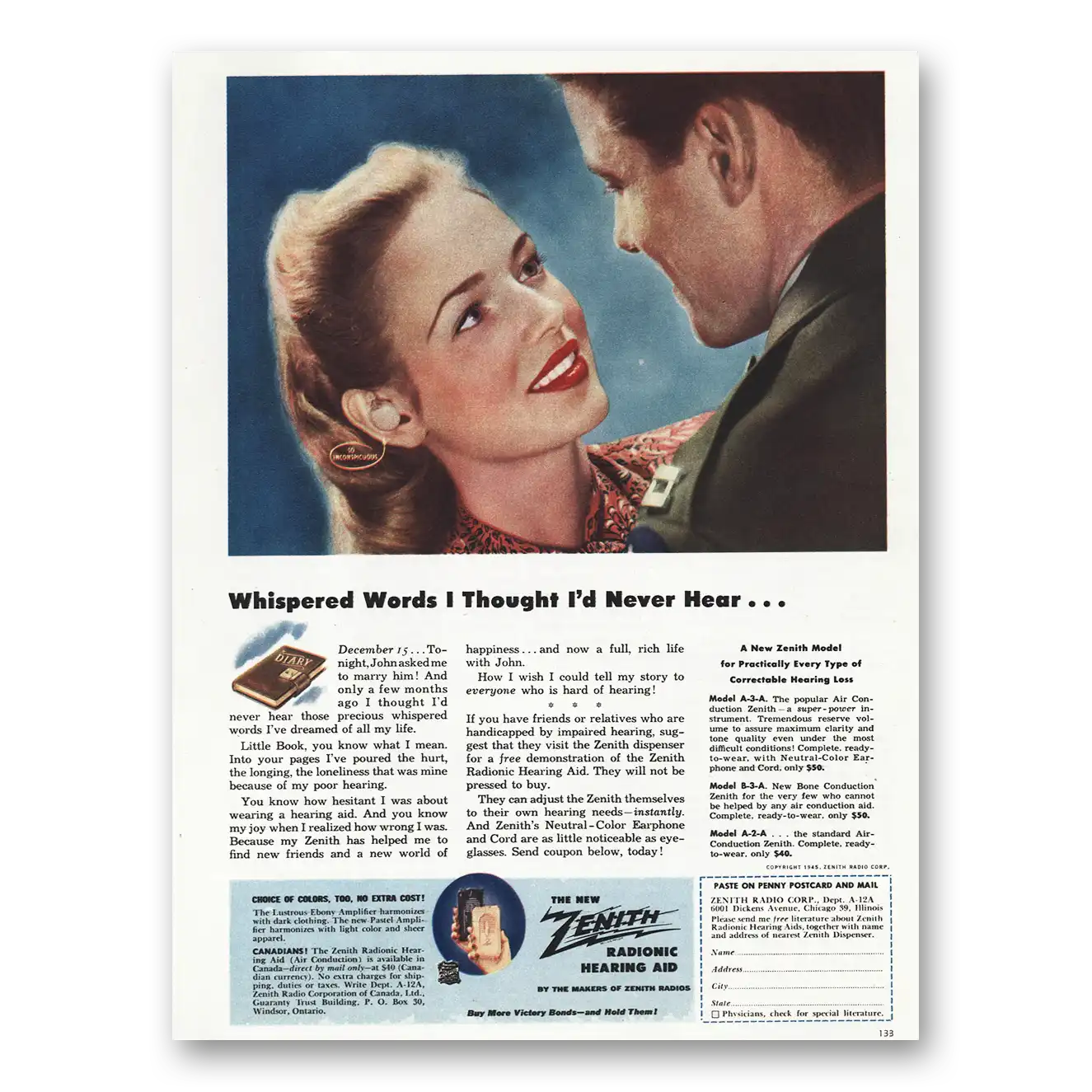 1945 Zenith Hearing Aid Whispered Words I Thought I'd Never Hear Vintage Magazine Print Ad