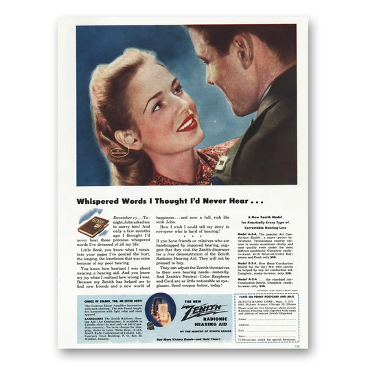 1945 Zenith Hearing Aid Whispered Words I Thought I'd Never Hear Vintage Magazine Print Ad