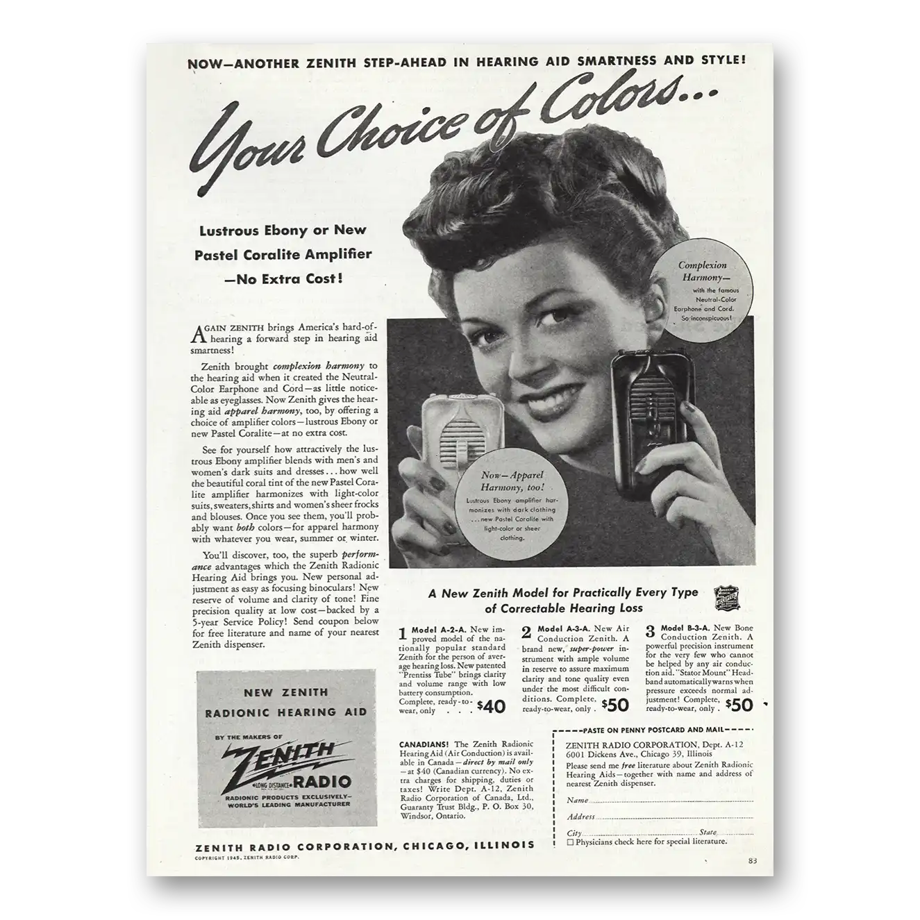 1945 Zenith Hearing Aid Your Choice of Colors Vintage Magazine Print Ad