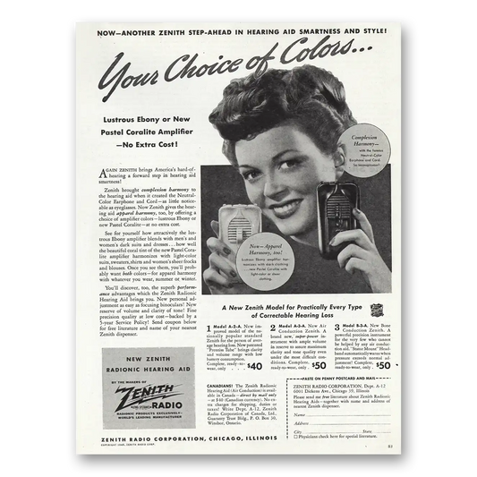 1945 Zenith Hearing Aid Your Choice of Colors Vintage Magazine Print Ad