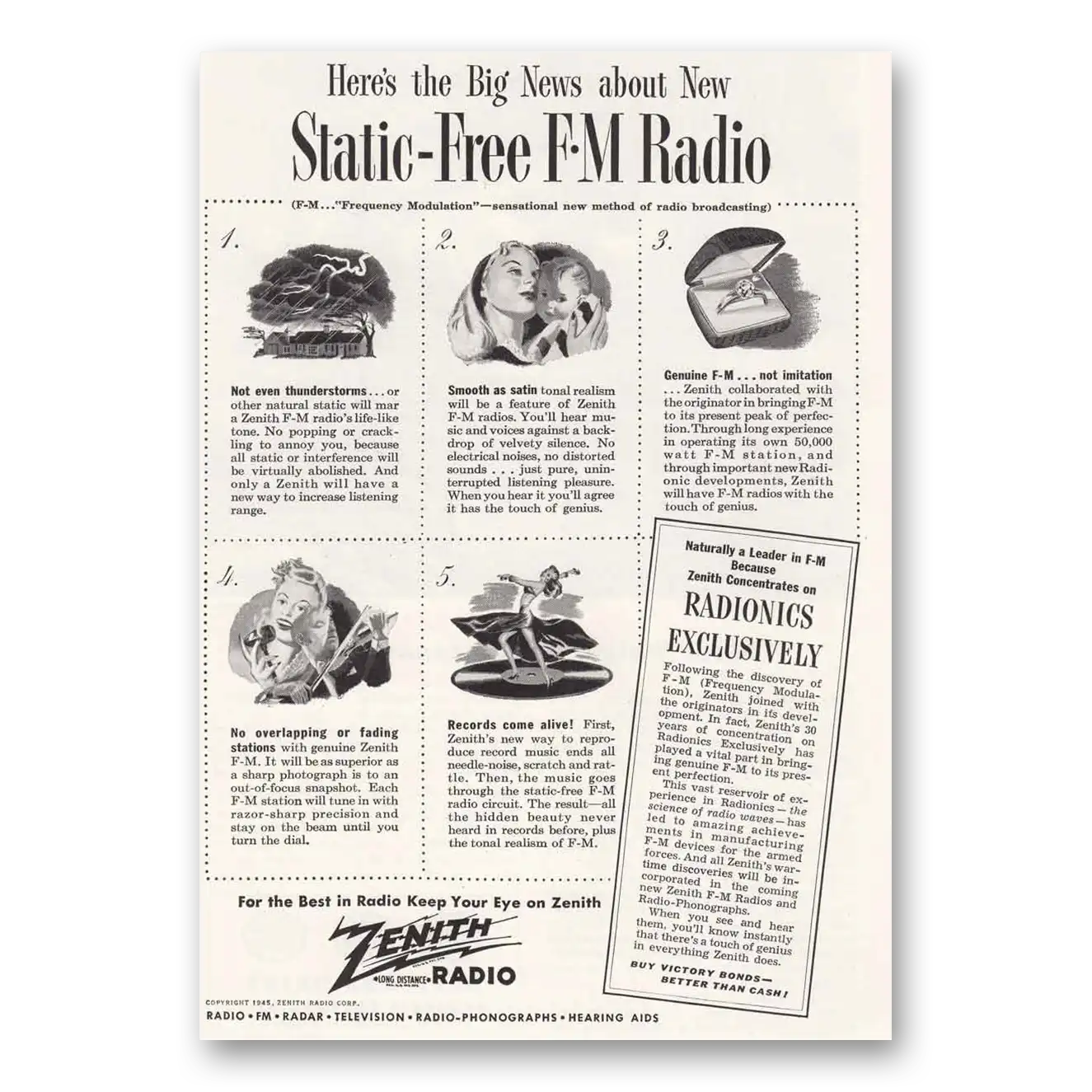 1945 Zenith Radio Static Free FM Radio Vintage Magazine Print Ad