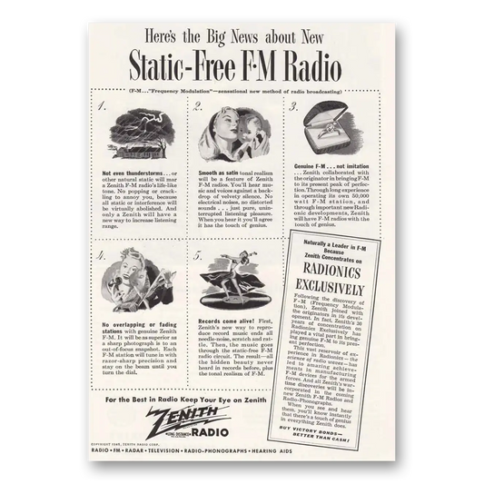 1945 Zenith Radio Static Free FM Radio Vintage Magazine Print Ad