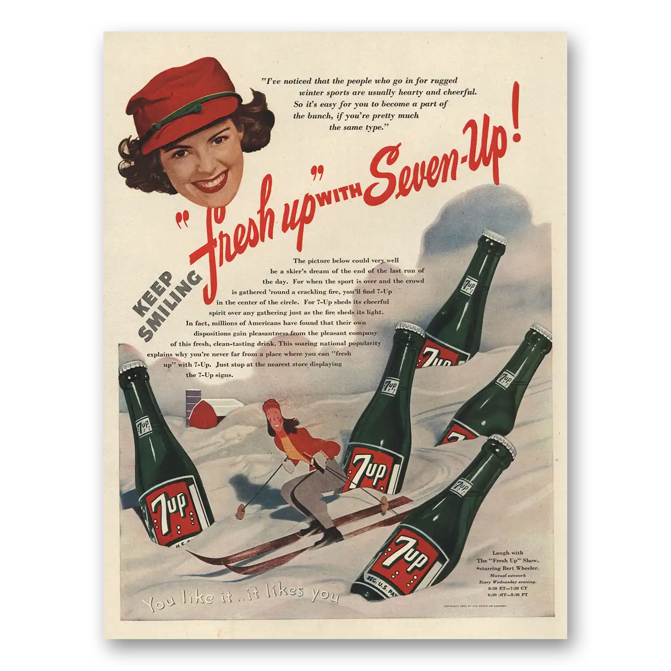 1946 7Up Keep Smiling Skier Vintage Magazine Print Ad