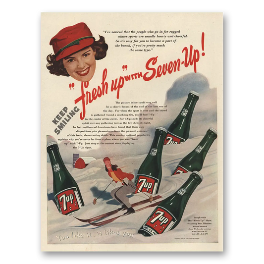 1946 7Up Keep Smiling Skier Vintage Magazine Print Ad