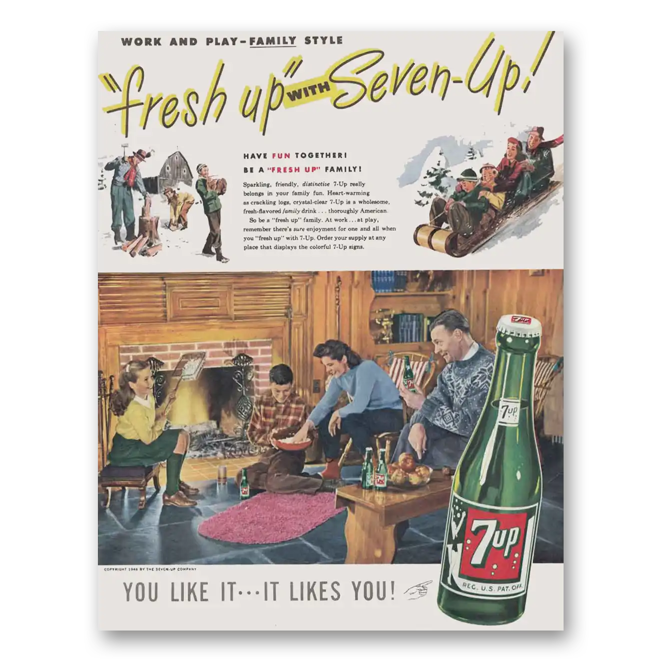 1946 7Up Fresh Up with Seven Up Play Family Style Vintage Magazine Print Ad