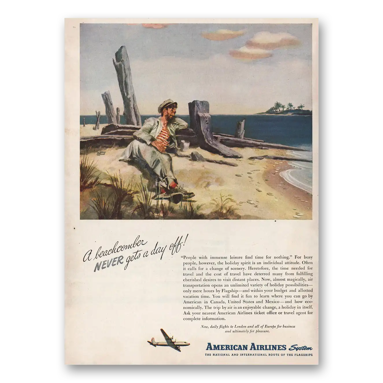 1946 American Airlines Beachcomber Never Gets Day Off Vintage Magazine Print Ad