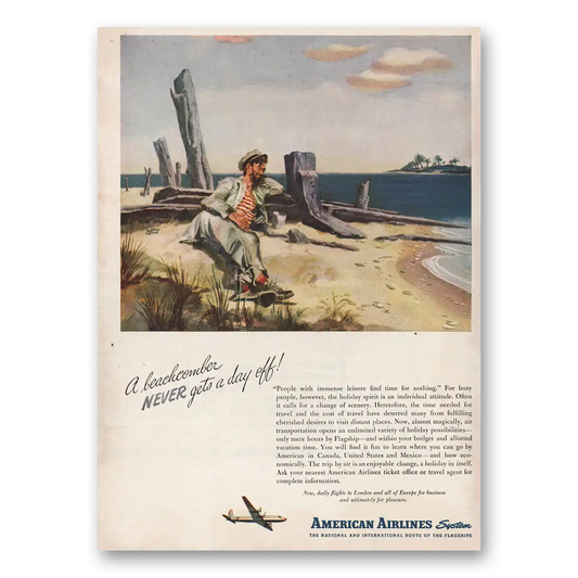 1946 American Airlines Beachcomber Never Gets Day Off Vintage Magazine Print Ad