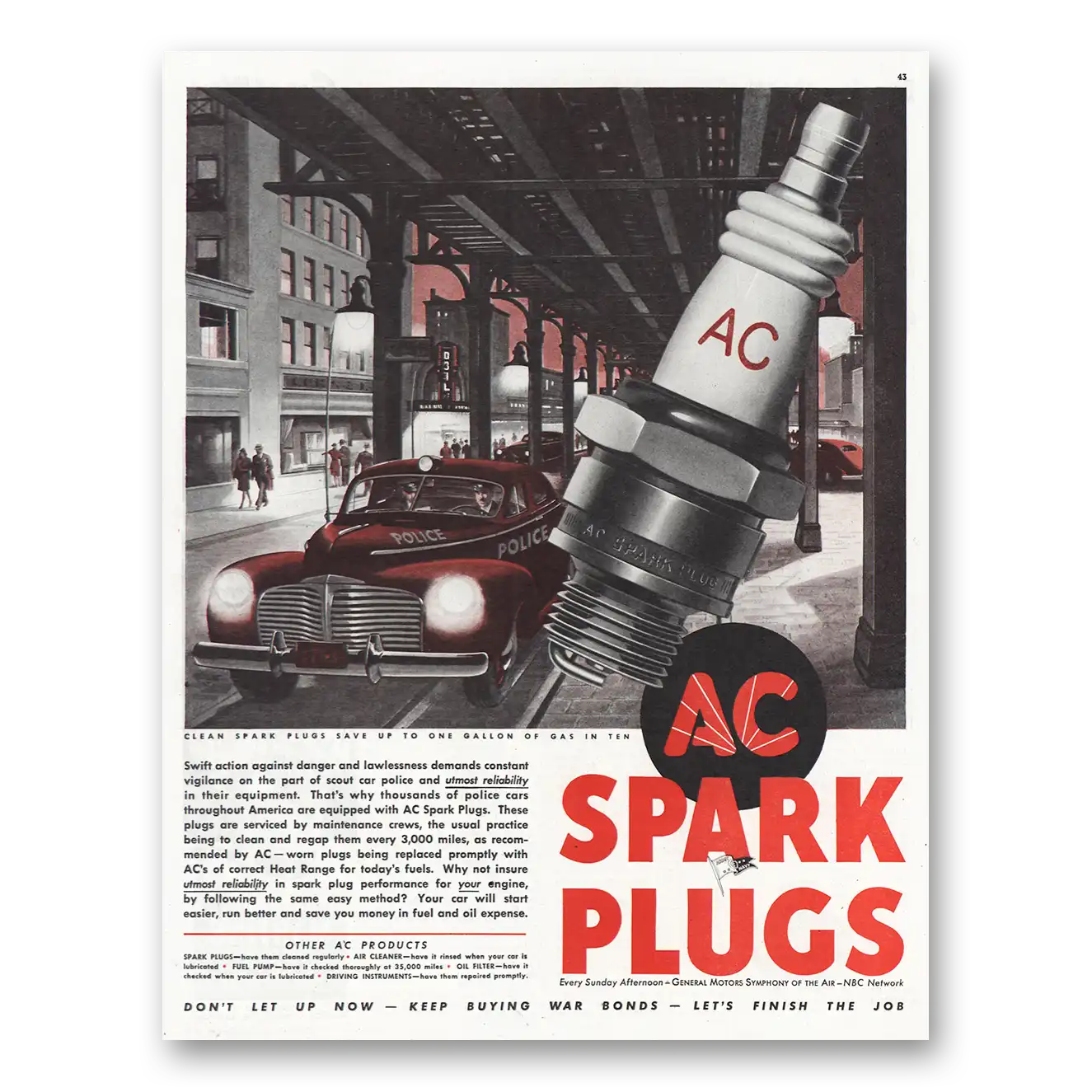 1945 AC Spark Plugs Swift Action Against Danger Vintage Magazine Print Ad