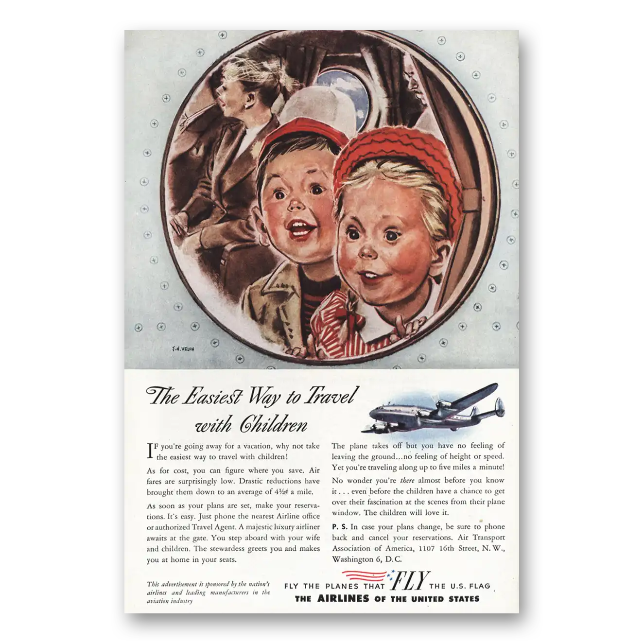 1946 Airlines of the United States Easiest Way to Travel with Children Vintage Magazine Print Ad