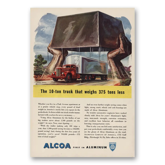 1946 Alcoa Truck Weighs 375 Tons Less Vintage Magazine Print Ad