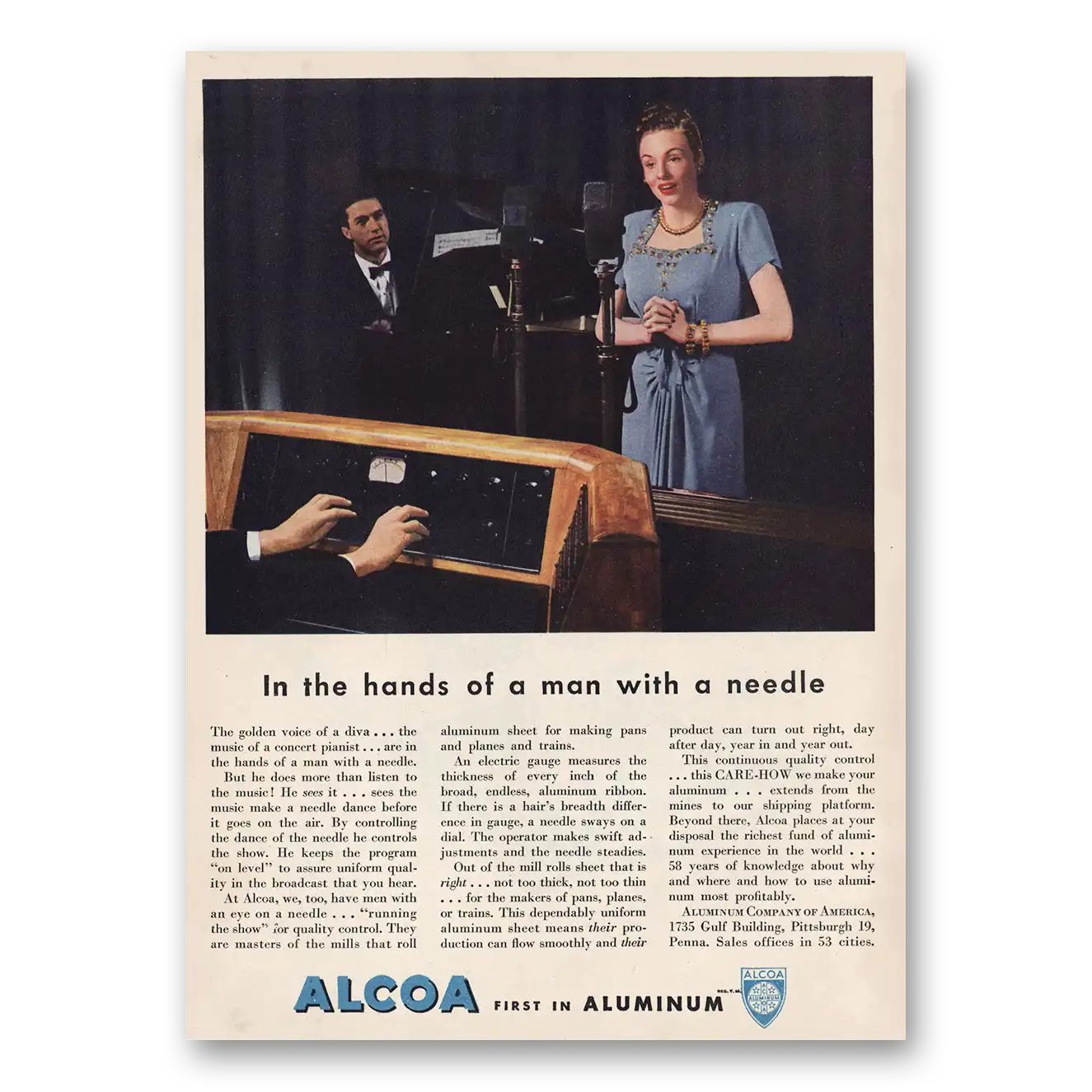 1946 Alcoa Hands of Man With Needle Vintage Magazine Print Ad