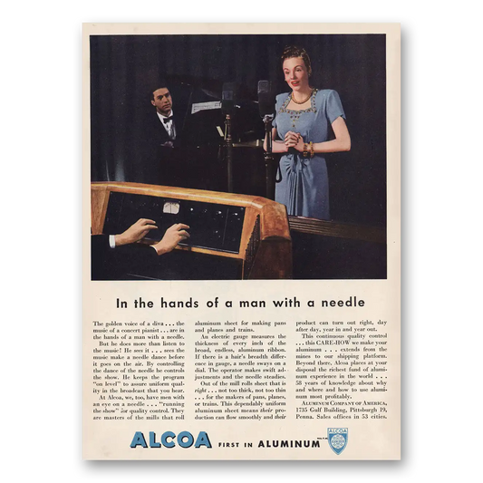 1946 Alcoa Hands of Man With Needle Vintage Magazine Print Ad