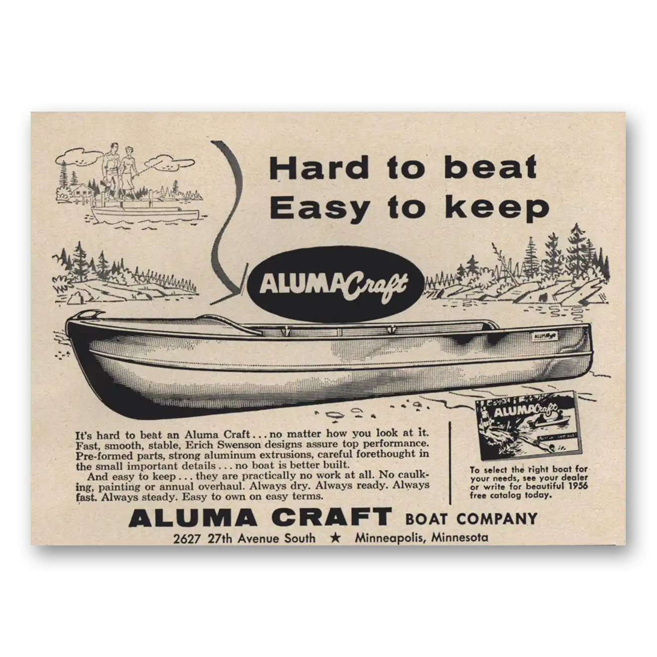 1956 Aluma Craft Boat Company Hard to Beat Easy to Keep Vintage Magazine Print Ad