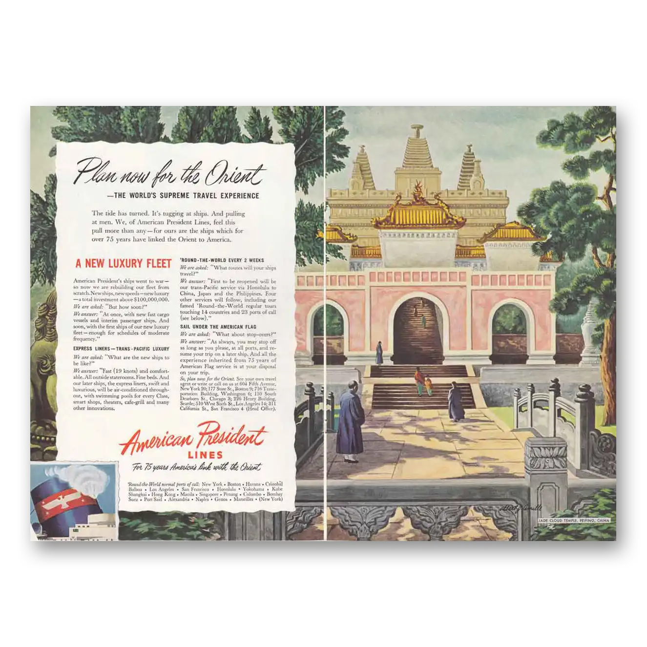 1946 American President Lines Plan Now for the Orient Vintage Magazine Print Ad