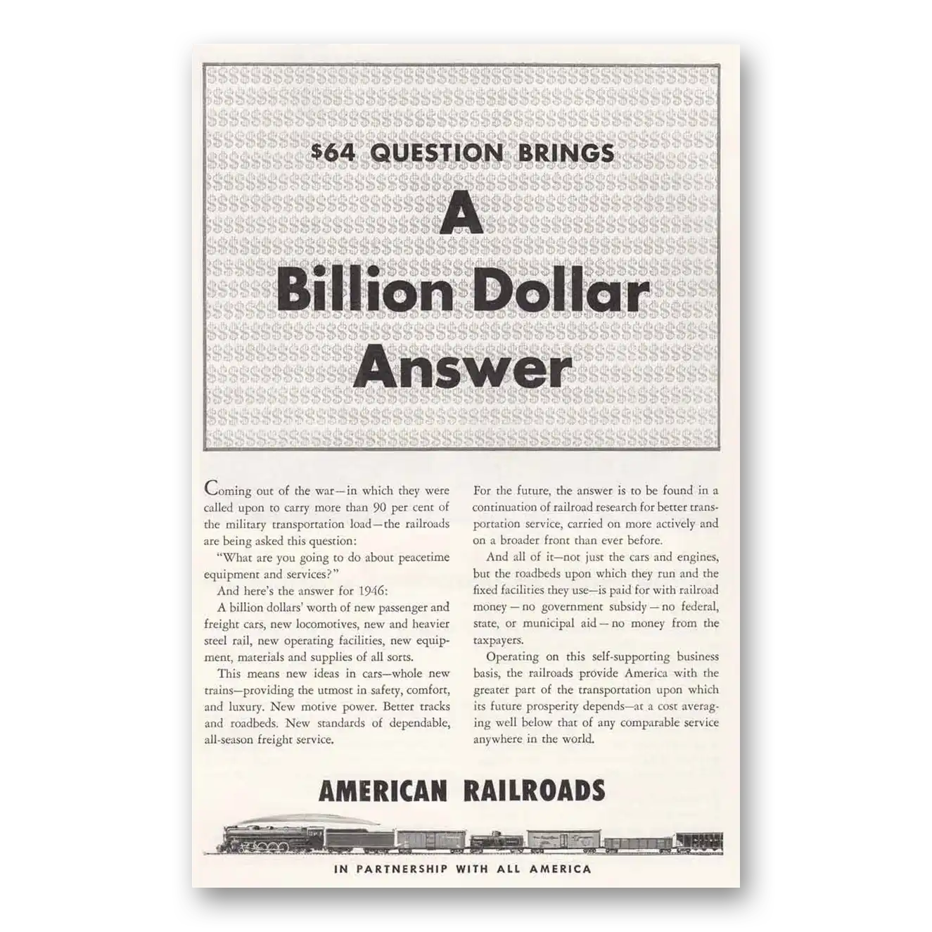 1946 American Railroads Billion Dollar Answer Vintage Magazine Print Ad