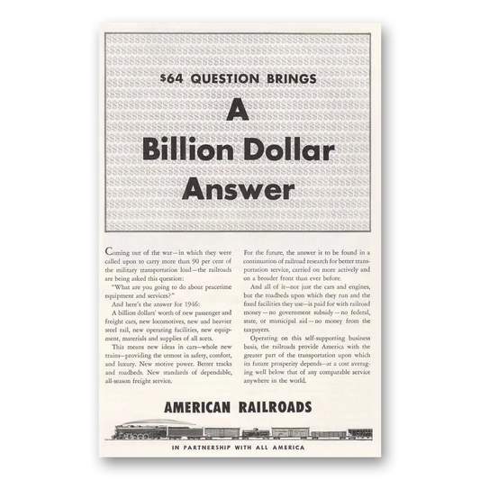 1946 American Railroads Billion Dollar Answer Vintage Magazine Print Ad