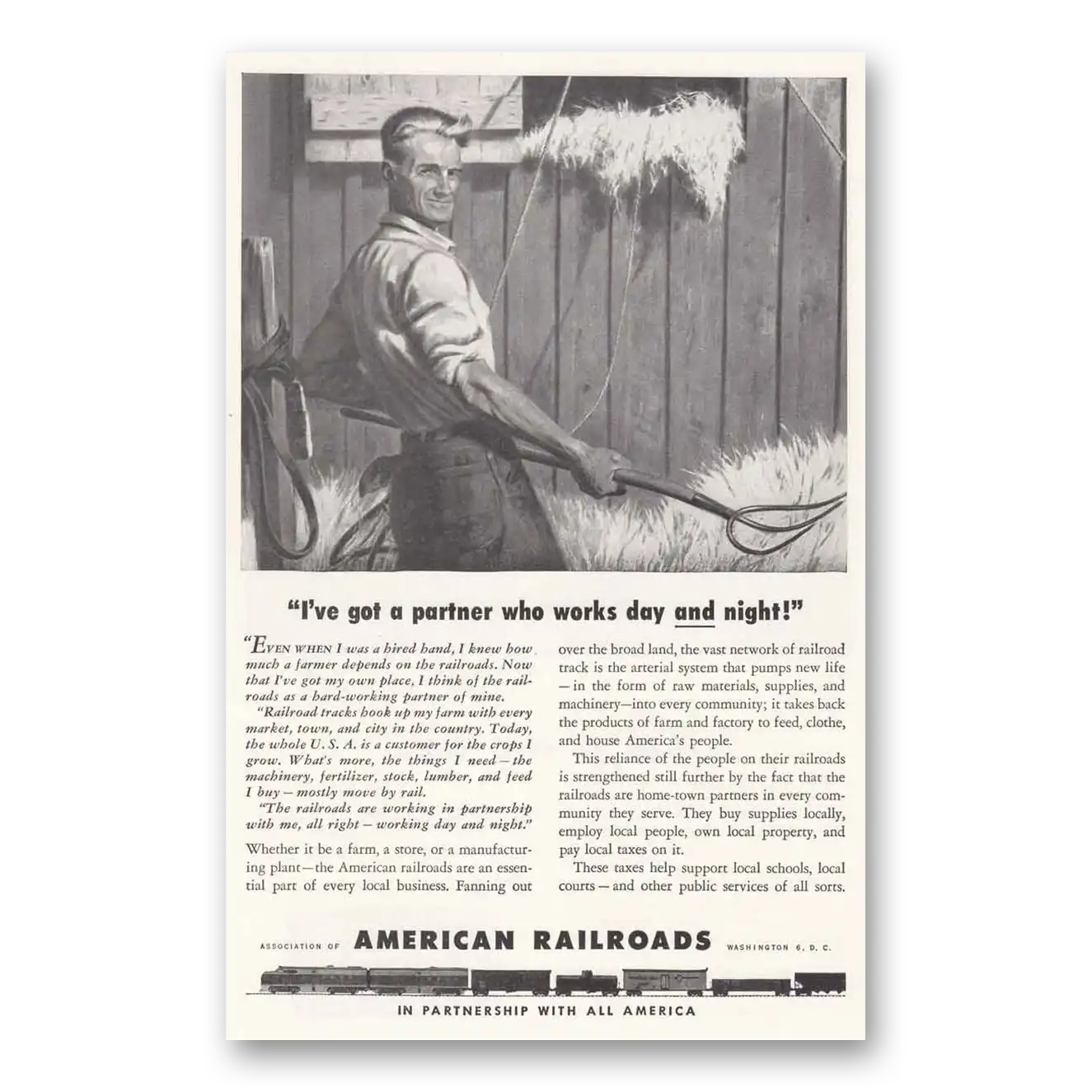 1946 Association of American Railroads Partner Who Works Days and Night Vintage Magazine Print Ad