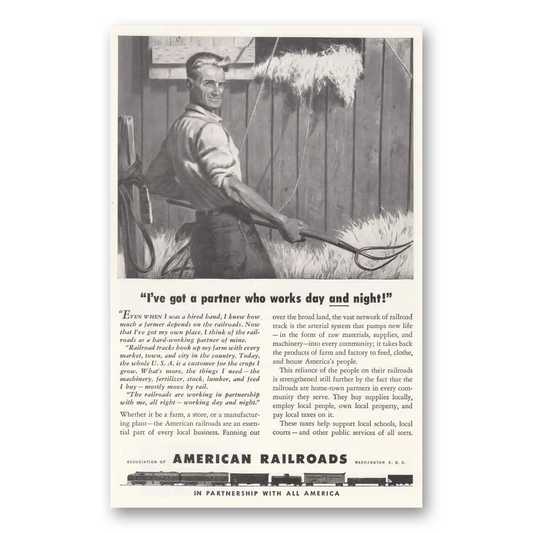 1946 Association of American Railroads Partner Who Works Days and Night Vintage Magazine Print Ad