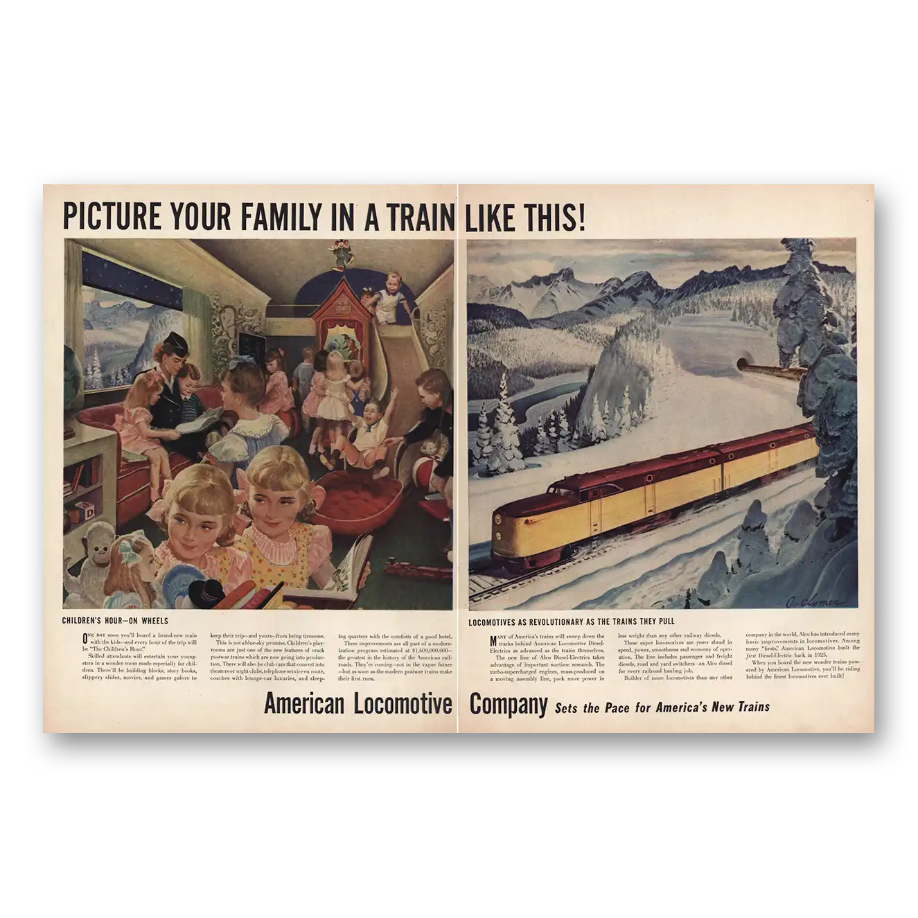 1946 American Locomotive Picture Your Family In a Train Like This Vintage Magazine Print Ad