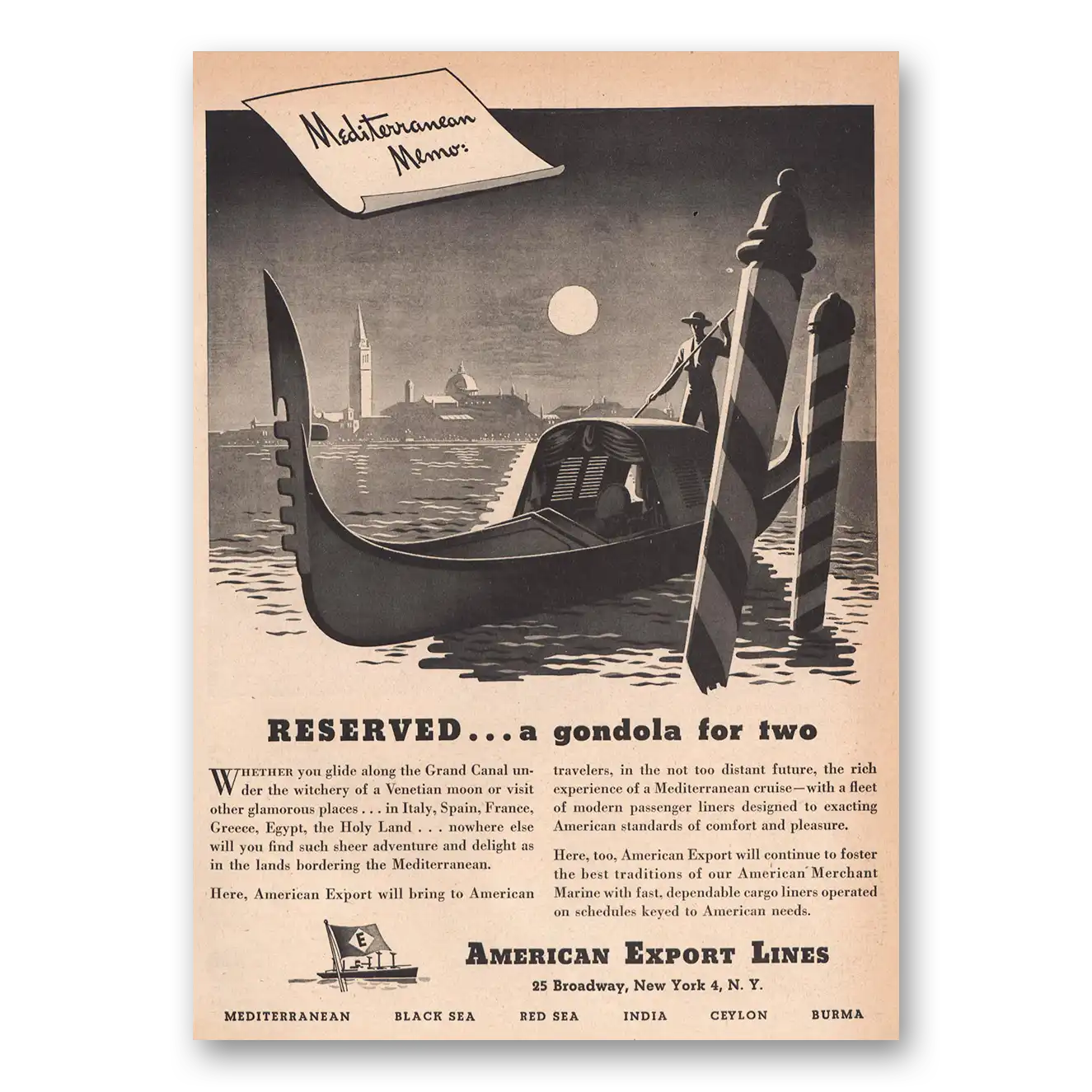 1946 American Export Lines Gondola for Two Vintage Magazine Print Ad