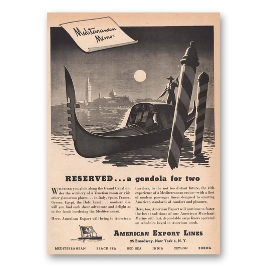 1946 American Export Lines Gondola for Two Vintage Magazine Print Ad