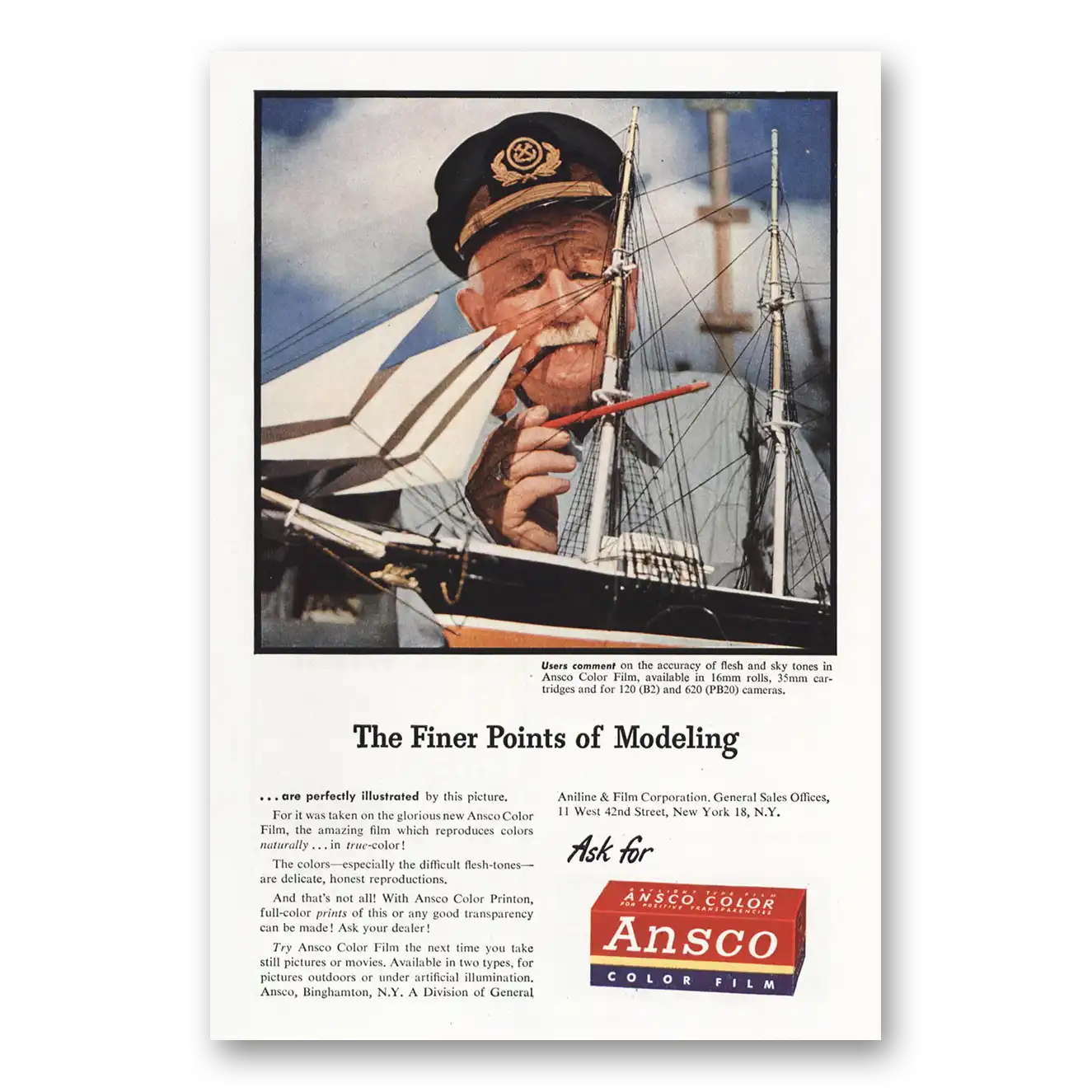 1946 Ansco Film Finer Points of Modeling Sailboat Vintage Magazine Print Ad