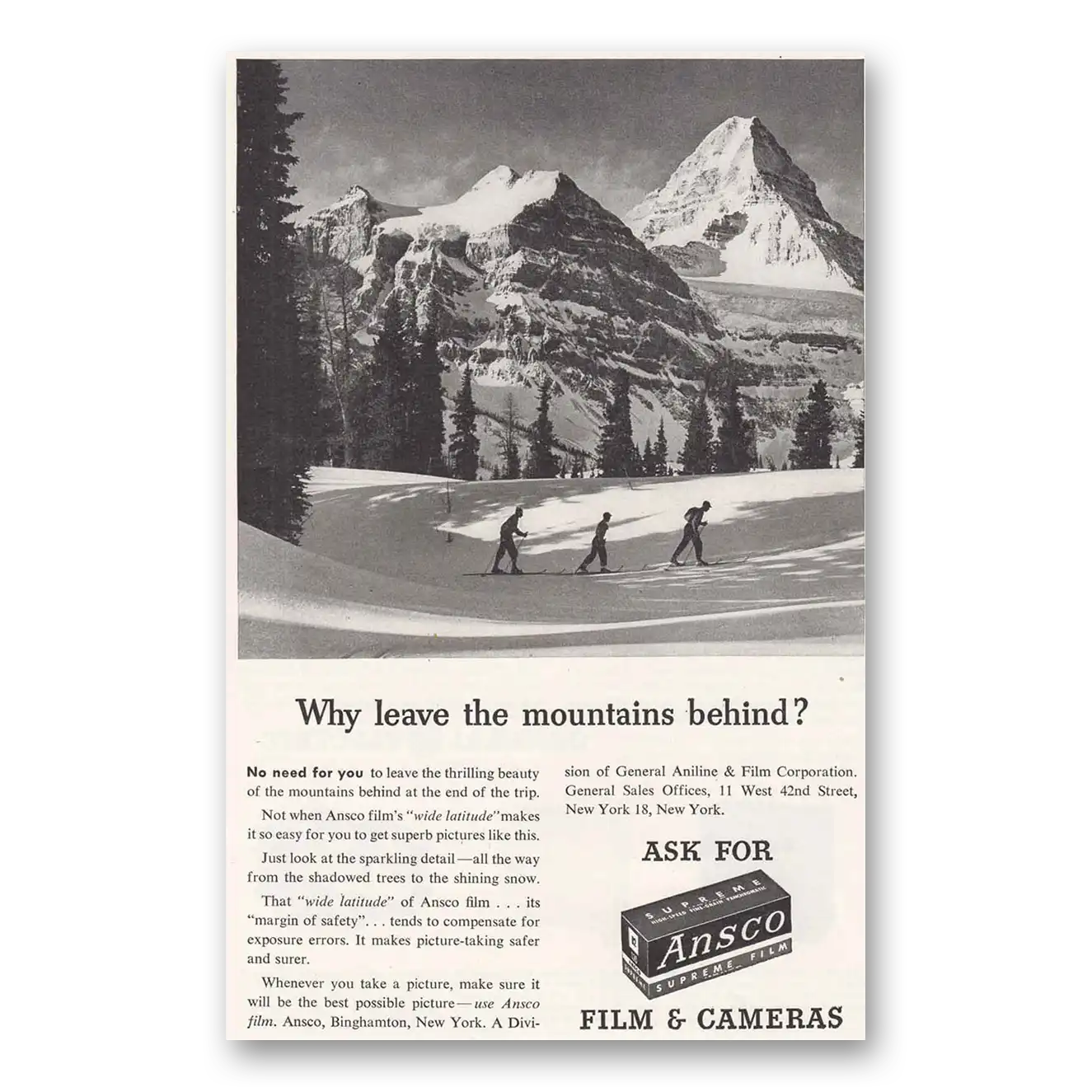 1946 Ansco Film Cross Country Skiers Vintage Magazine Print Ad