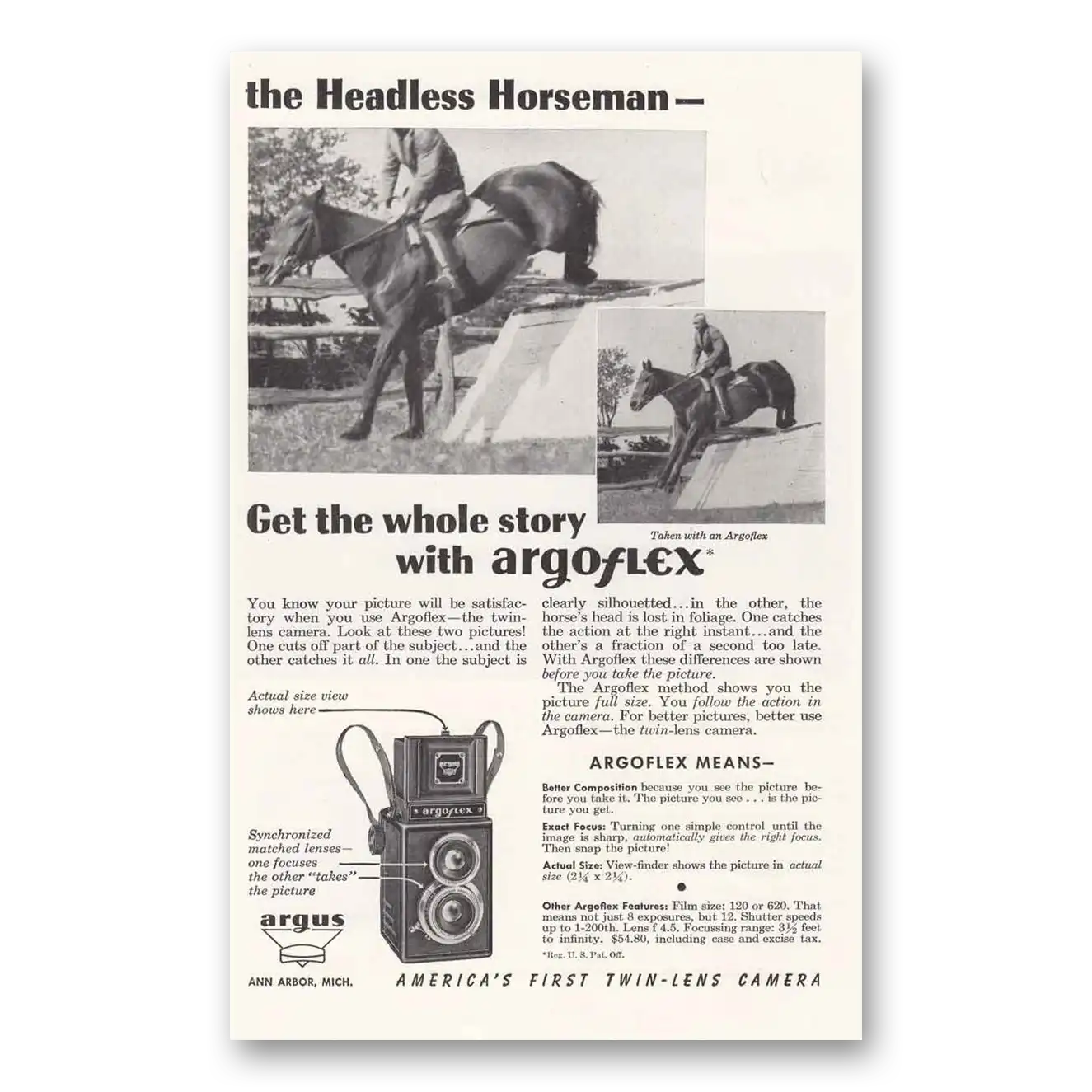 1946 Argoflex Camera Headless Horseman Vintage Magazine Print Ad