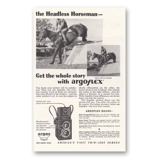 1946 Argoflex Camera Headless Horseman Vintage Magazine Print Ad