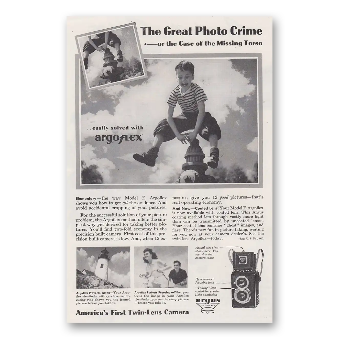 1946 Argoflex Camera Great Photo Crime or the Case of the Missing Torso Vintage Magazine Print Ad