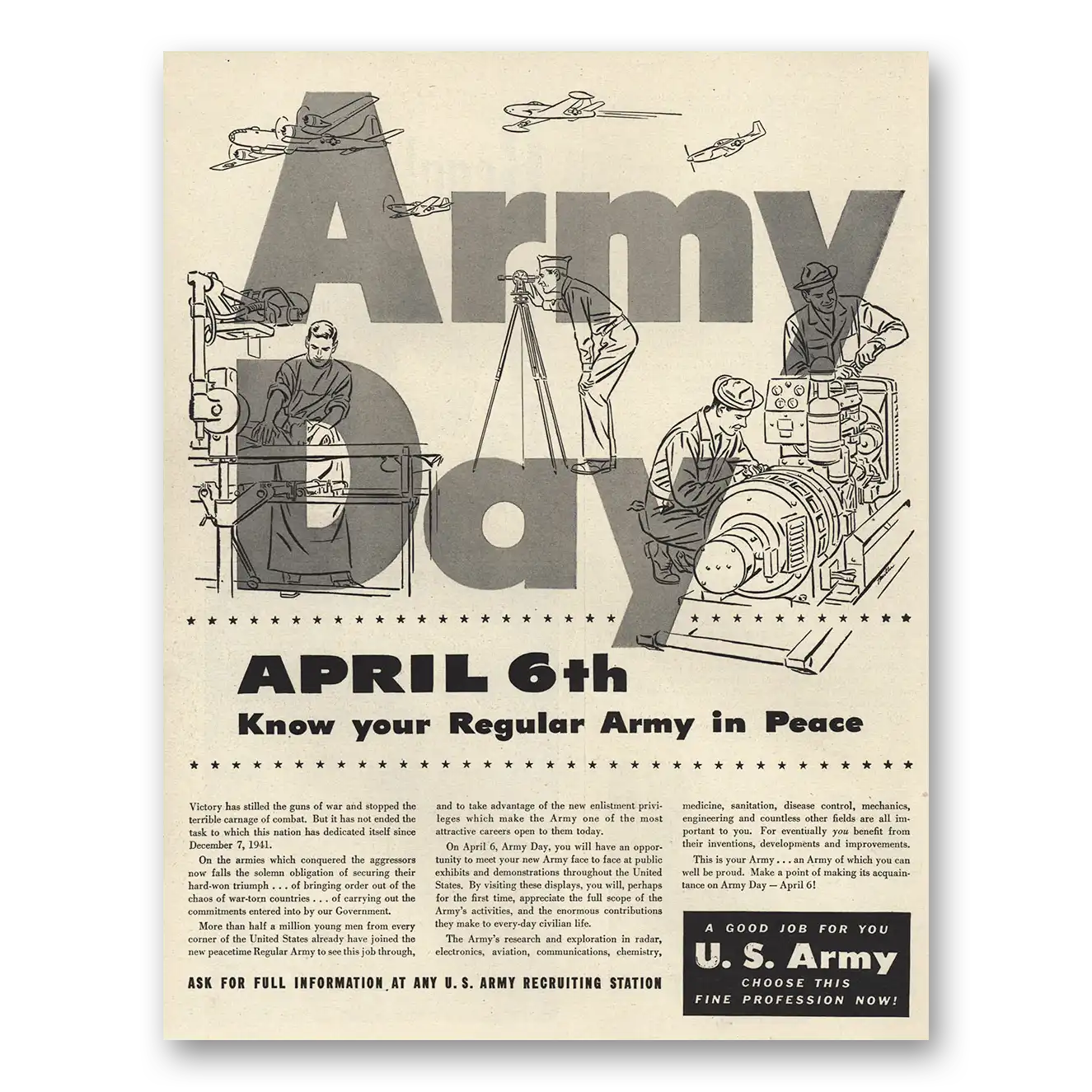 1946 US Army Army Day April 6 Know Your Regular Army Vintage Magazine Print Ad