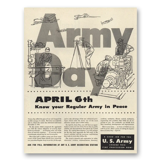 1946 US Army Army Day April 6 Know Your Regular Army Vintage Magazine Print Ad