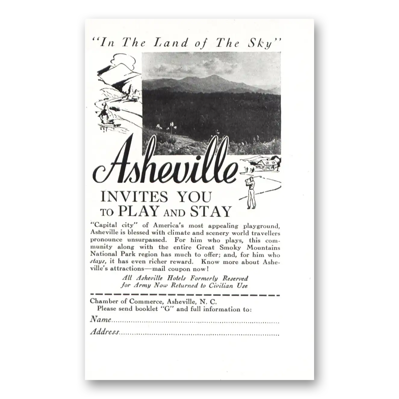 1946 Asheville North Carolina Land of the Sky Vintage Magazine Print Ad