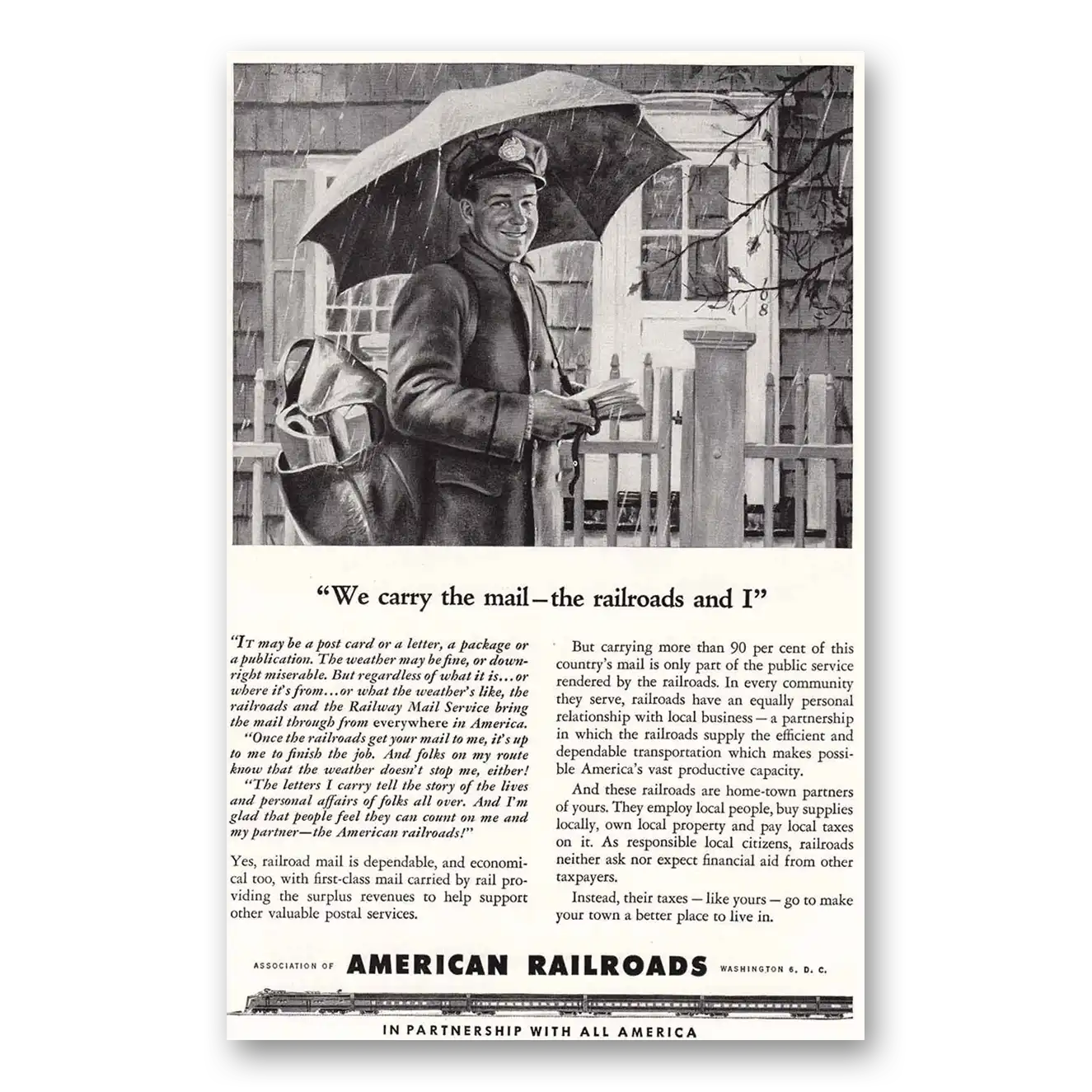 1946 Association of American Railroads We Carry the Mail the Railroads and I Vintage Magazine Print Ad