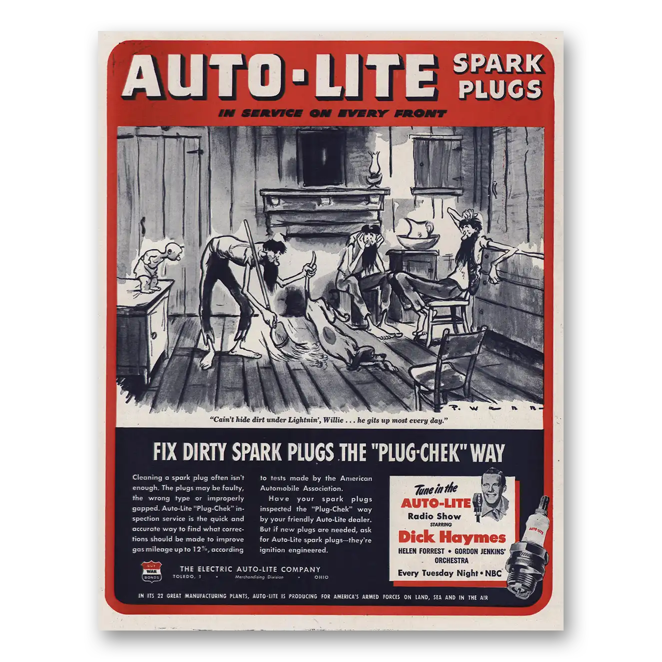 1946 Autolite Spark Plugs Lightnin Willie Vintage Magazine Print Ad