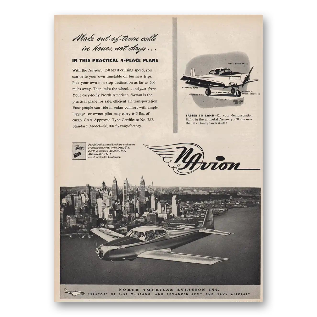 1946 North American Aviation Navion 4 Place Plane Vintage Magazine Print Ad