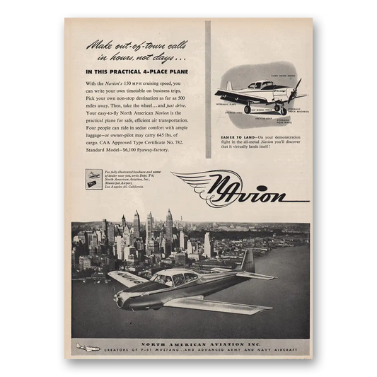 1946 North American Aviation Navion 4 Place Plane Vintage Magazine Print Ad