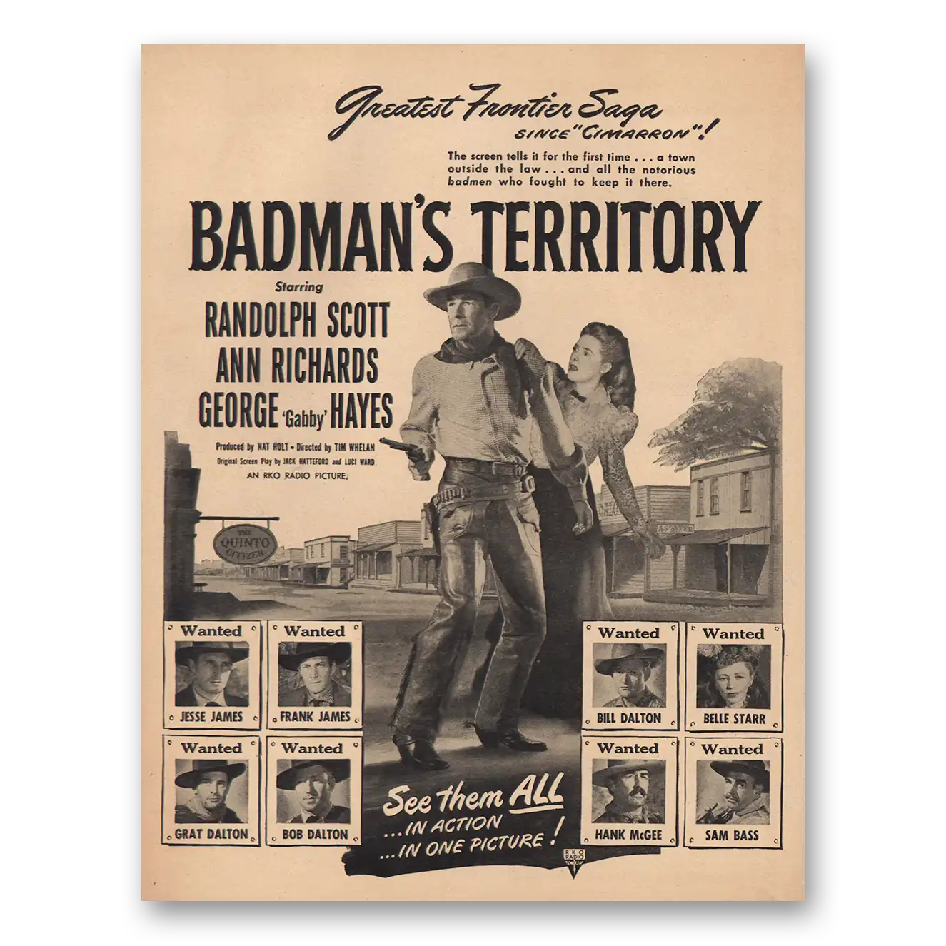 1946 Badmans Territory Movie Promo Randolph Scott and Ann Richards Vintage Magazine Print Ad