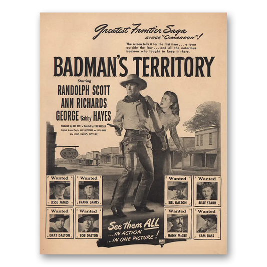 1946 Badmans Territory Movie Promo Randolph Scott and Ann Richards Vintage Magazine Print Ad