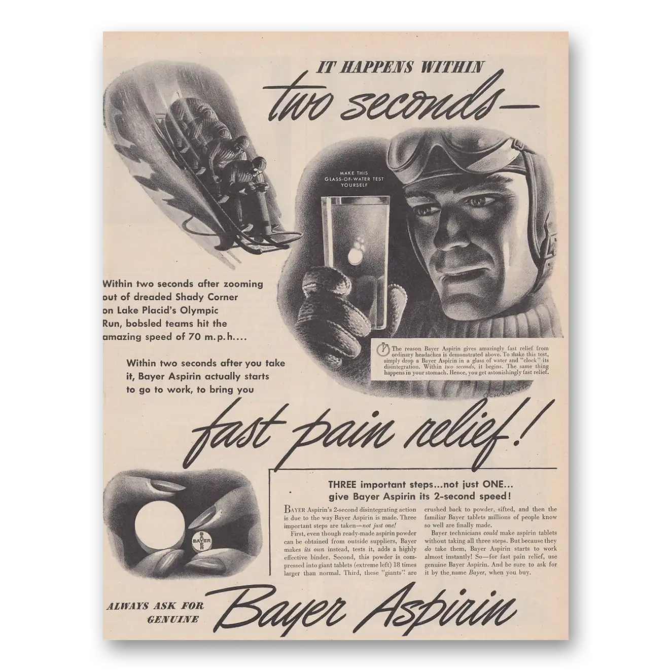 1946 Bayer Aspirin Happens Within Two Seconds Vintage Magazine Print Ad