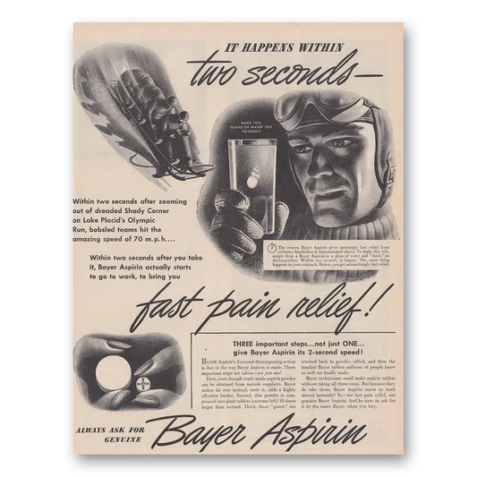 1946 Bayer Aspirin Happens Within Two Seconds Vintage Magazine Print Ad