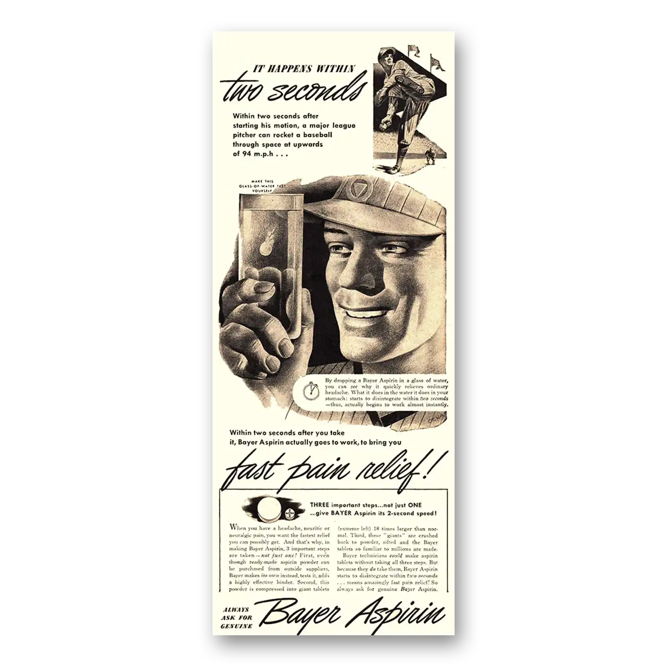 1946 Bayer Aspirin Happens Within Two Seconds Baseball Vintage Magazine Print Ad