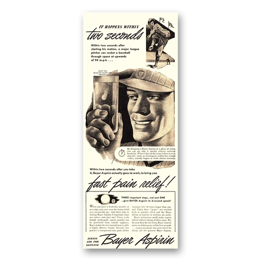 1946 Bayer Aspirin Happens Within Two Seconds Baseball Vintage Magazine Print Ad