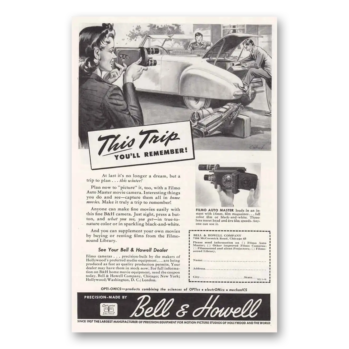 1946 Filmo Camera This Trip Remember Vintage Magazine Print Ad