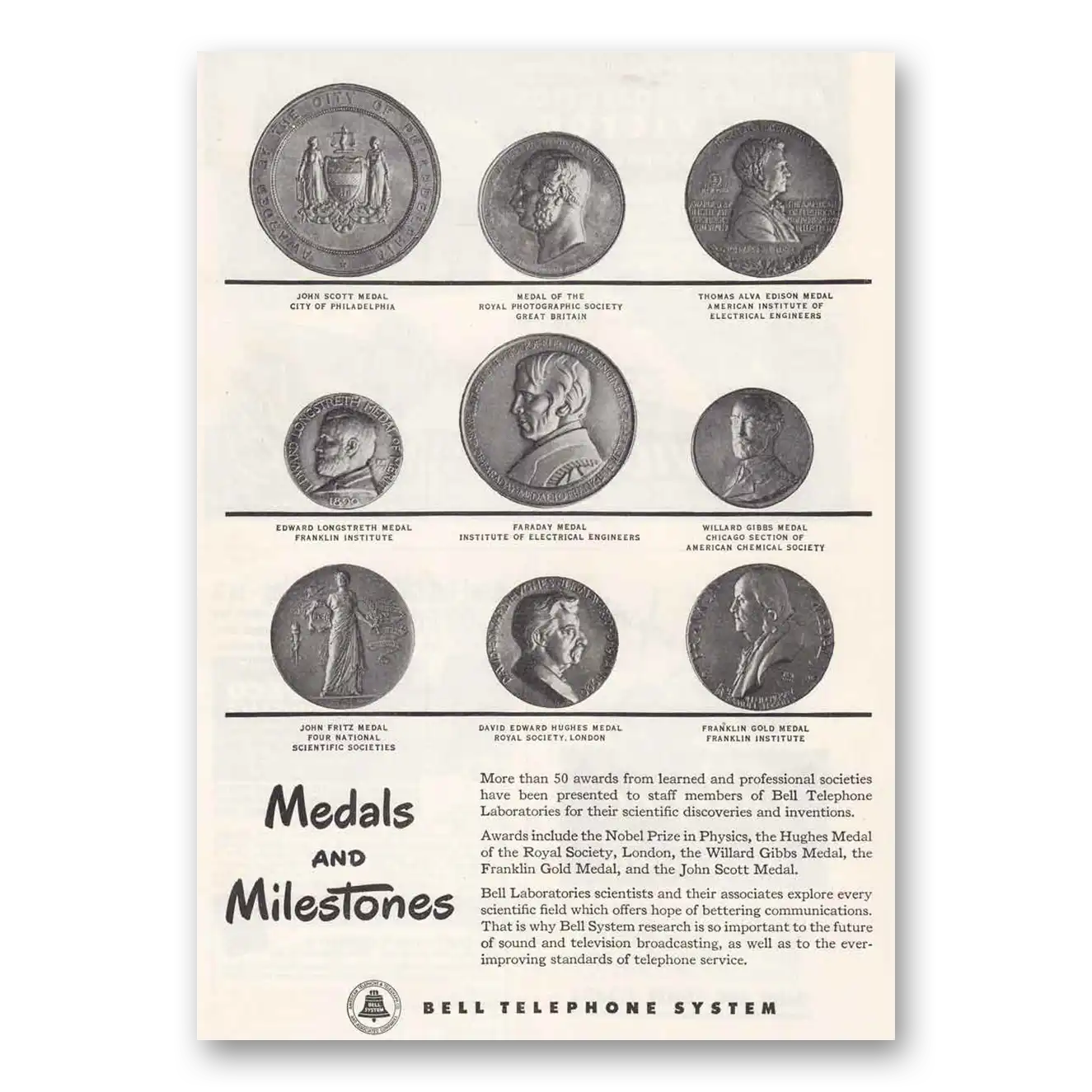 1946 Bell Telephone Medals and Milestones Vintage Magazine Print Ad