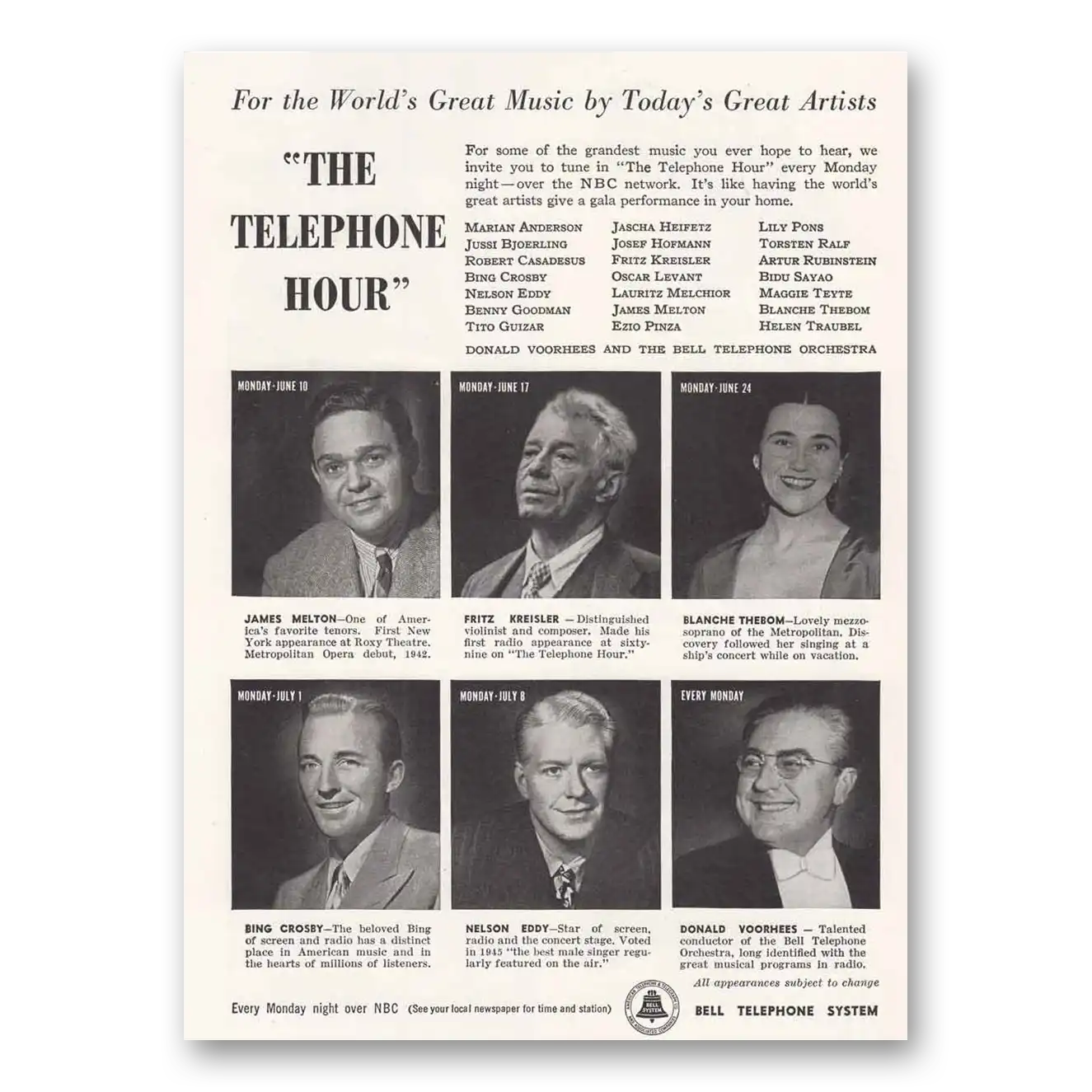 1946 Bell Telephone Telephone Hour Vintage Magazine Print Ad