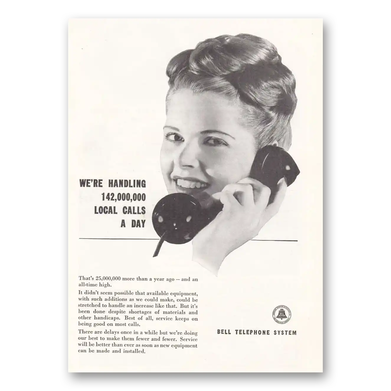 1946 Bell Telephone We're Handling 142000000 Local Vintage Magazine Print Ad